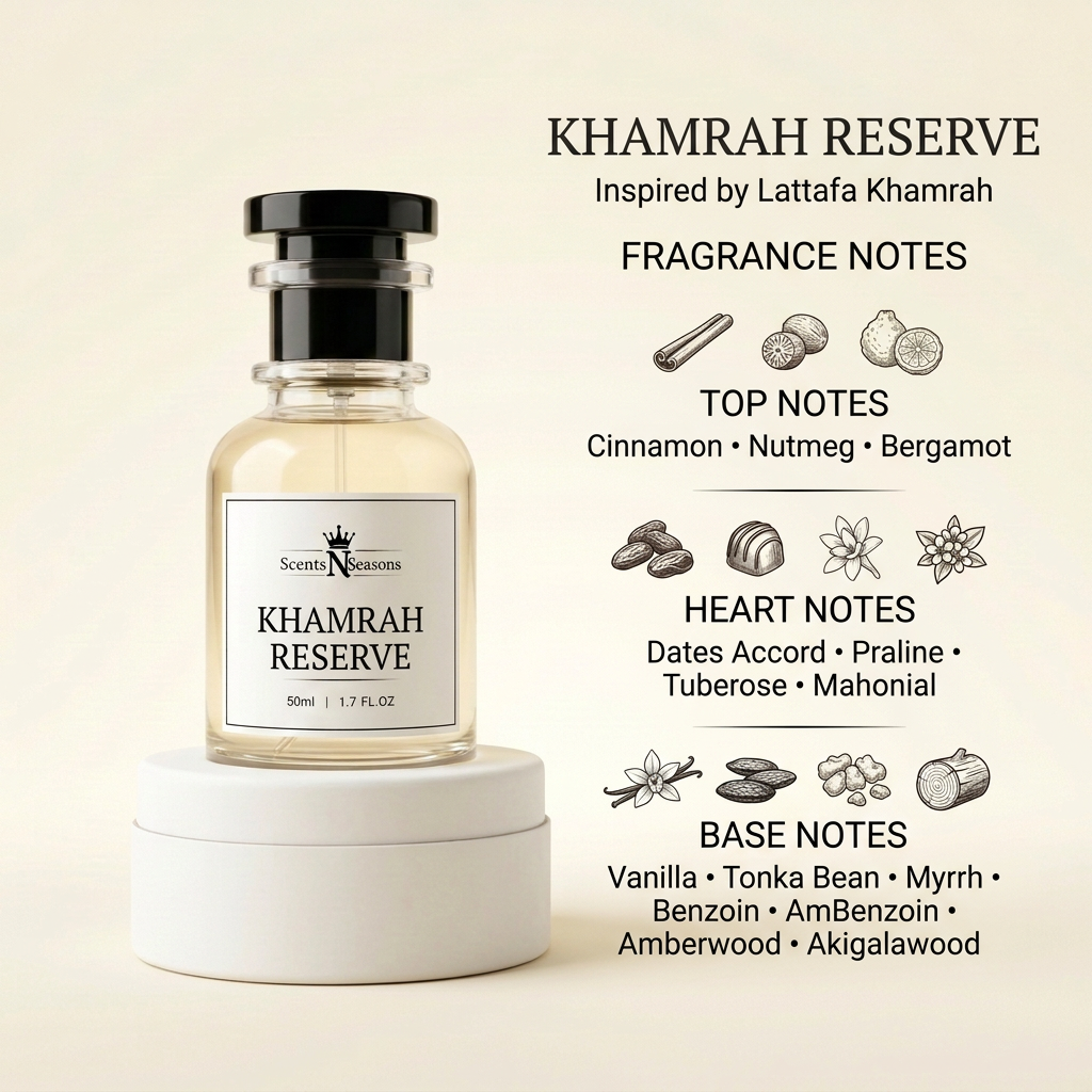 Khamrah Reserve top, heart and base fragrance notes, inspired by Lattafa Khamrah