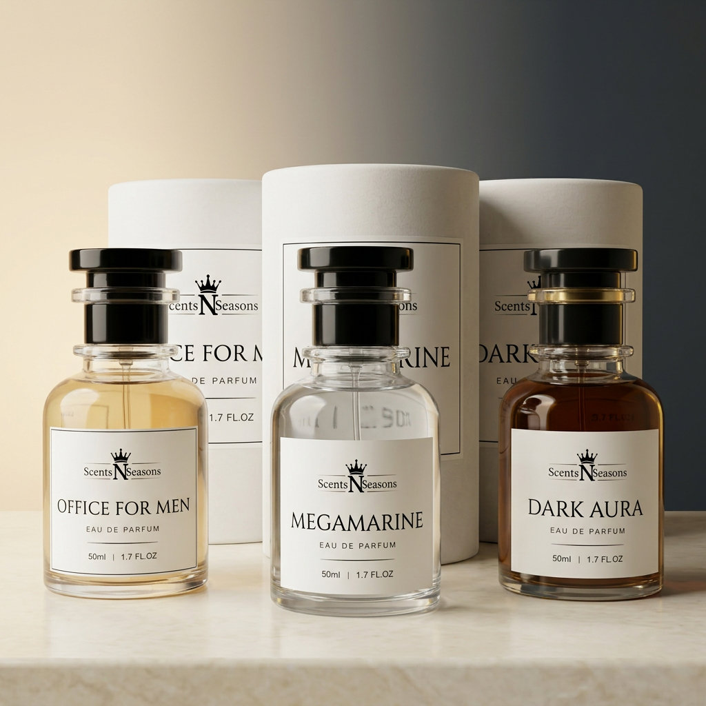 Office for Men, Megamarine and Dark Aura 50ml perfume bottles with matching white cylindrical boxes on an ivory-to-charcoal background