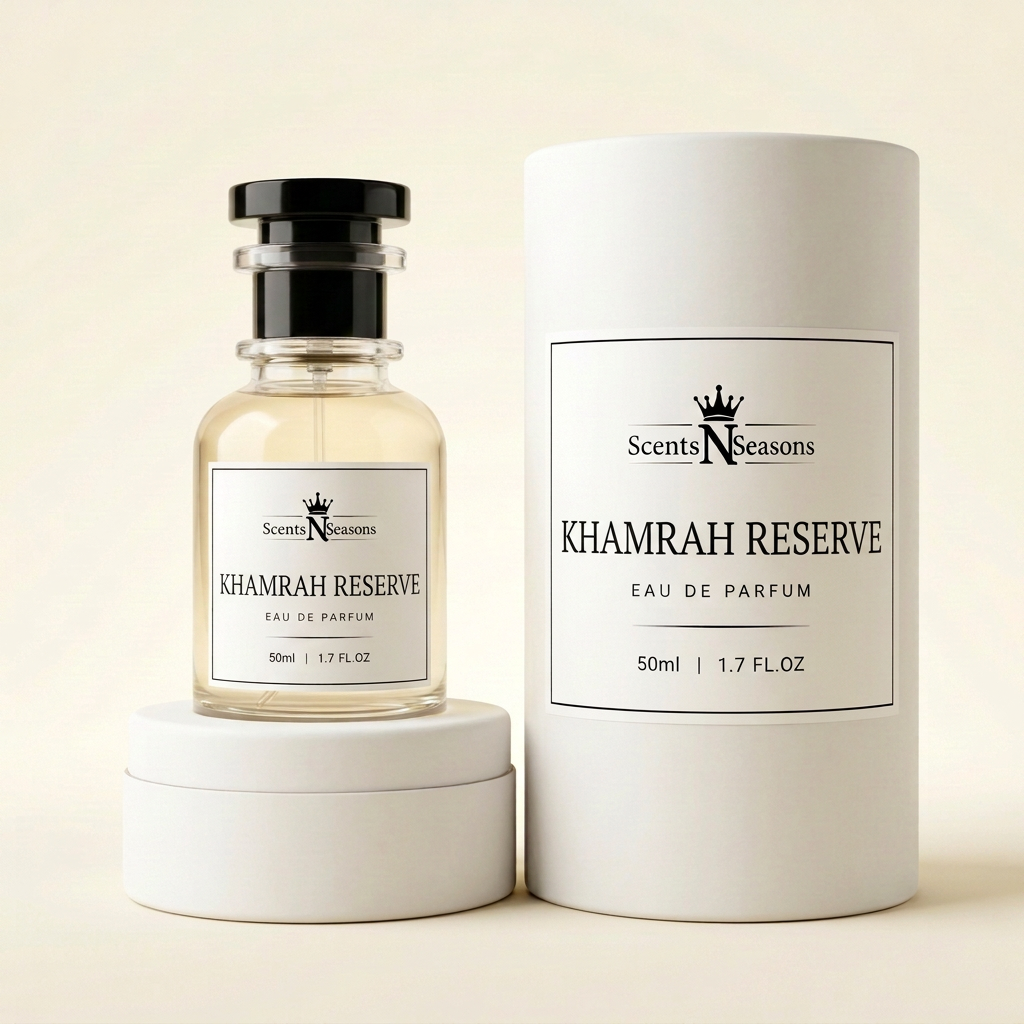 Khamrah Reserve bottle beside its matching white cylindrical box