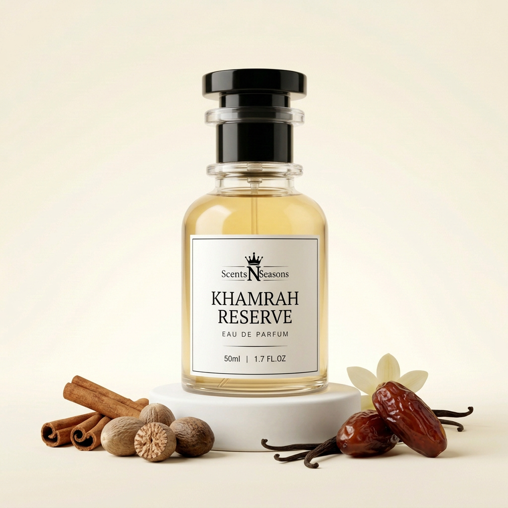 Khamrah Reserve perfume bottle with cinnamon, dates and vanilla scent-note accents