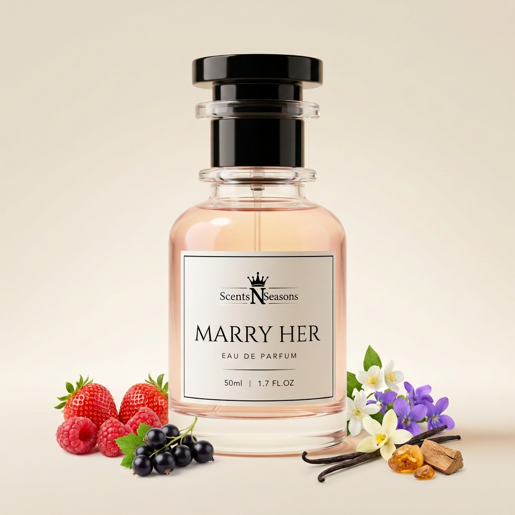 Marry Her perfume bottle with fragrance note accents