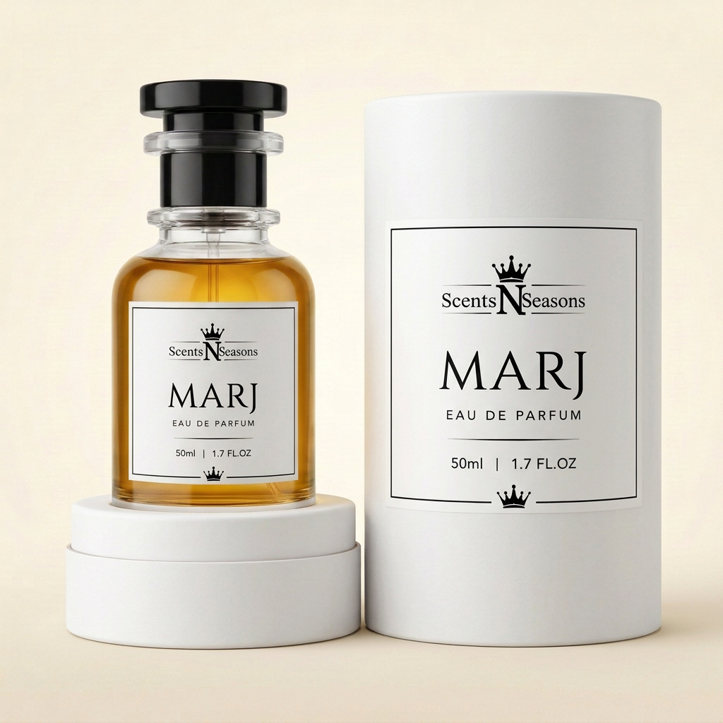 Marj bottle with golden liquid and matching packaging